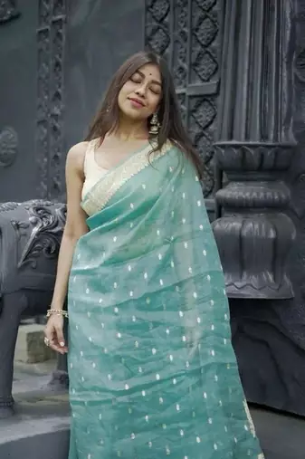 Sky blue soft linen slub jacuard work designer saree with blouse