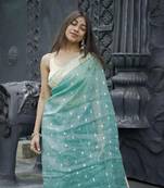 Sky blue soft linen slub jacuard work designer saree with blouse