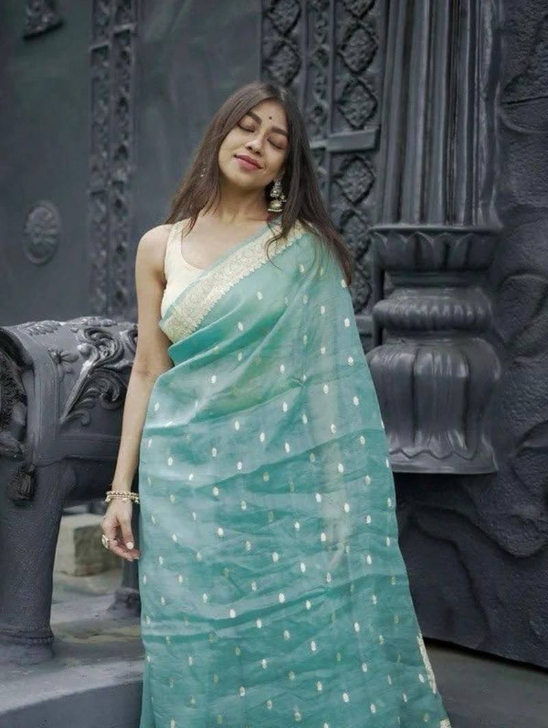 Sky blue soft linen slub jacuard work designer saree with blouse