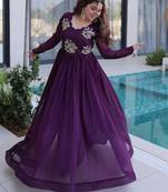 Wine women silver crunchy fabric beads embroidered long gown | party wear flared ethnic gown