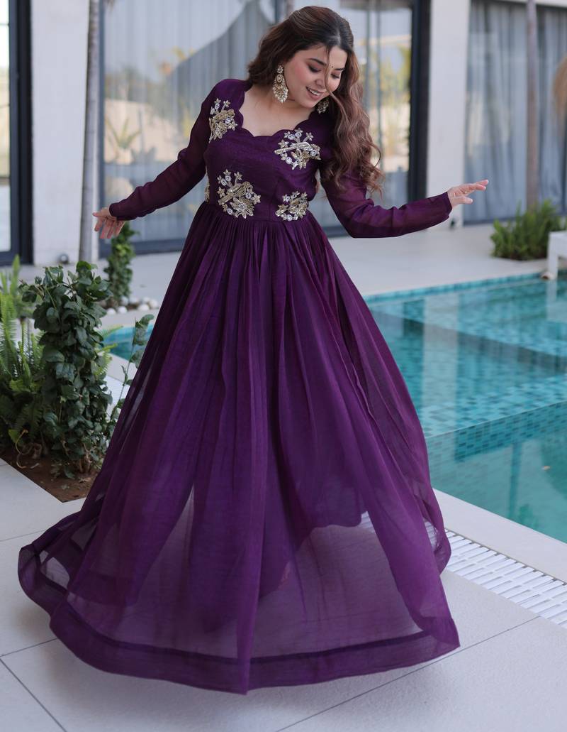 Wine women silver crunchy fabric beads embroidered long gown | party wear flared ethnic gown