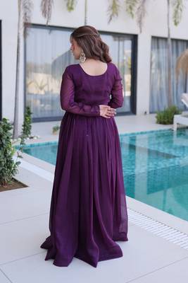 Wine women silver crunchy fabric beads embroidered long gown party wear flared ethnic gown 2