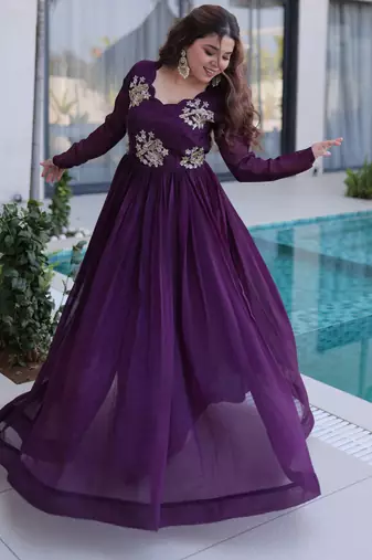 Wine women silver crunchy fabric beads embroidered long gown party wear flared ethnic gown