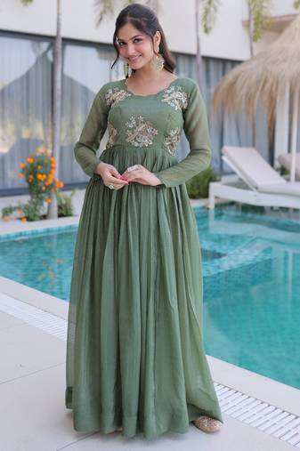 Green women silver crunchy fabric beads embroidered long gown | party wear flared ethnic gown