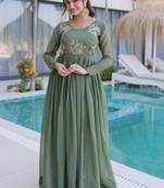 Green women silver crunchy fabric beads embroidered long gown | party wear flared ethnic gown