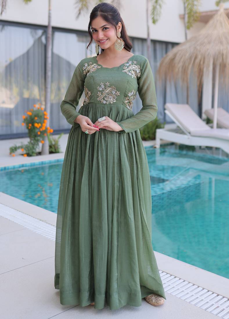 Green women silver crunchy fabric beads embroidered long gown | party wear flared ethnic gown