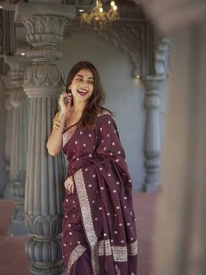 Wine linen slub jaquard designer saree with blouse 1