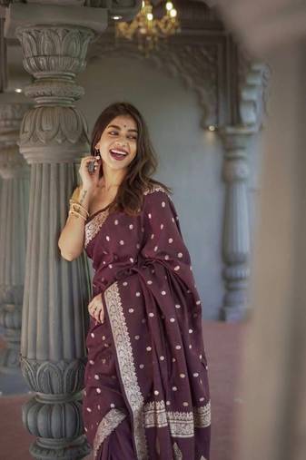 Wine soft linen slub jacuard work designer saree with blouse
