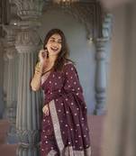 Wine soft linen slub jacuard work designer saree with blouse