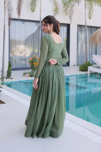 Green women silver crunchy fabric beads embroidered long gown party wear flared ethnic gown