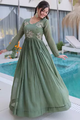 Green women silver crunchy fabric beads embroidered long gown party wear flared ethnic gown