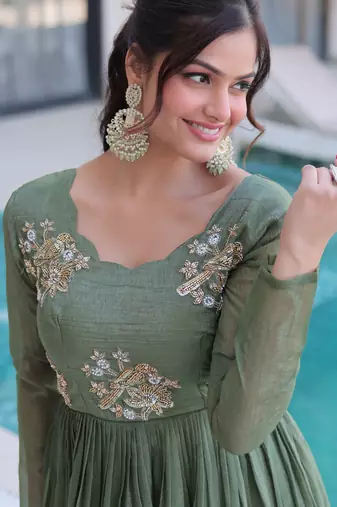 Green women silver crunchy fabric beads embroidered long gown party wear flared ethnic gown