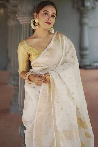 White soft linen slub jacuard work designer saree with blouse