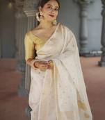 White soft linen slub jacuard work designer saree with blouse