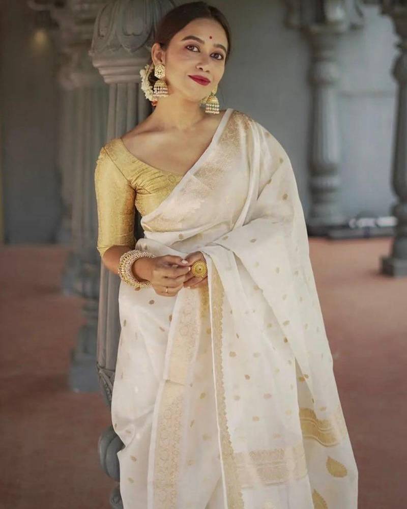White soft linen slub jacuard work designer saree with blouse