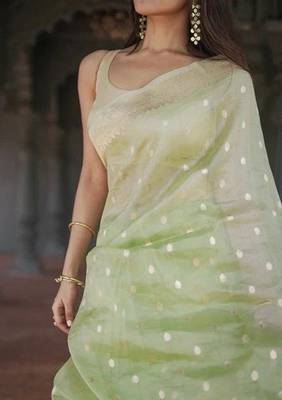 Light green linen slub jaquard designer saree with blouse 1