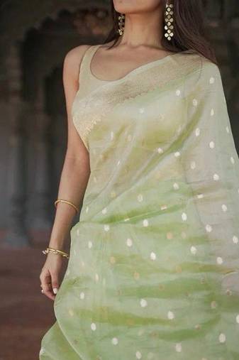 Light green soft linen slub jacuard work designer saree with blouse