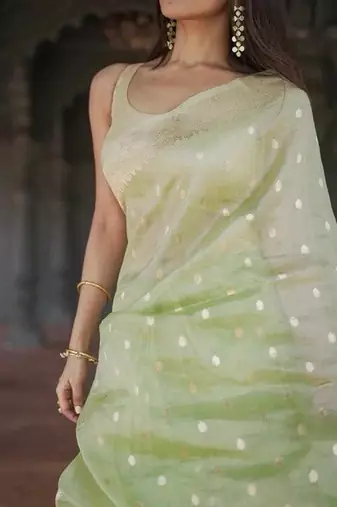 Light green soft linen slub jacuard work designer saree with blouse