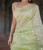 Light green soft linen slub jacuard work designer saree with blouse