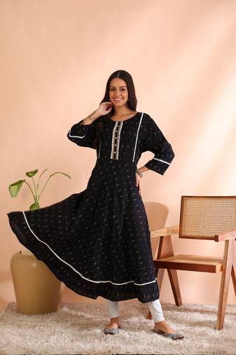 Yash gallery women's plus size rayon geometrical printed a-line kurta mirror work (black)