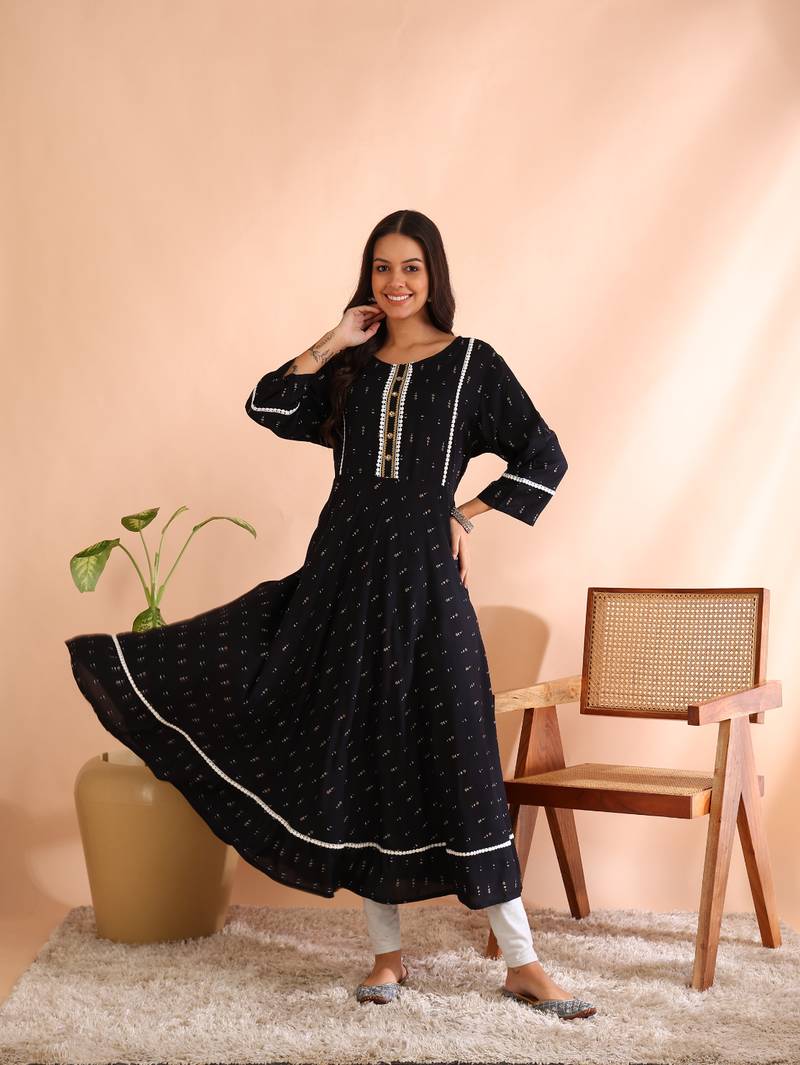 Yash gallery women's plus size rayon geometrical printed a-line kurta mirror work (black)