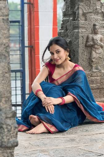 Blue soft silk blend banarasi jacuard work designer saree with blouse