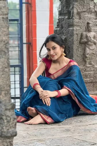 Blue soft silk blend banarasi jacuard work designer saree with blouse