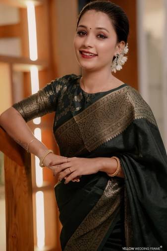 Dark green soft silk blend banarasi jacuard work designer saree with blouse