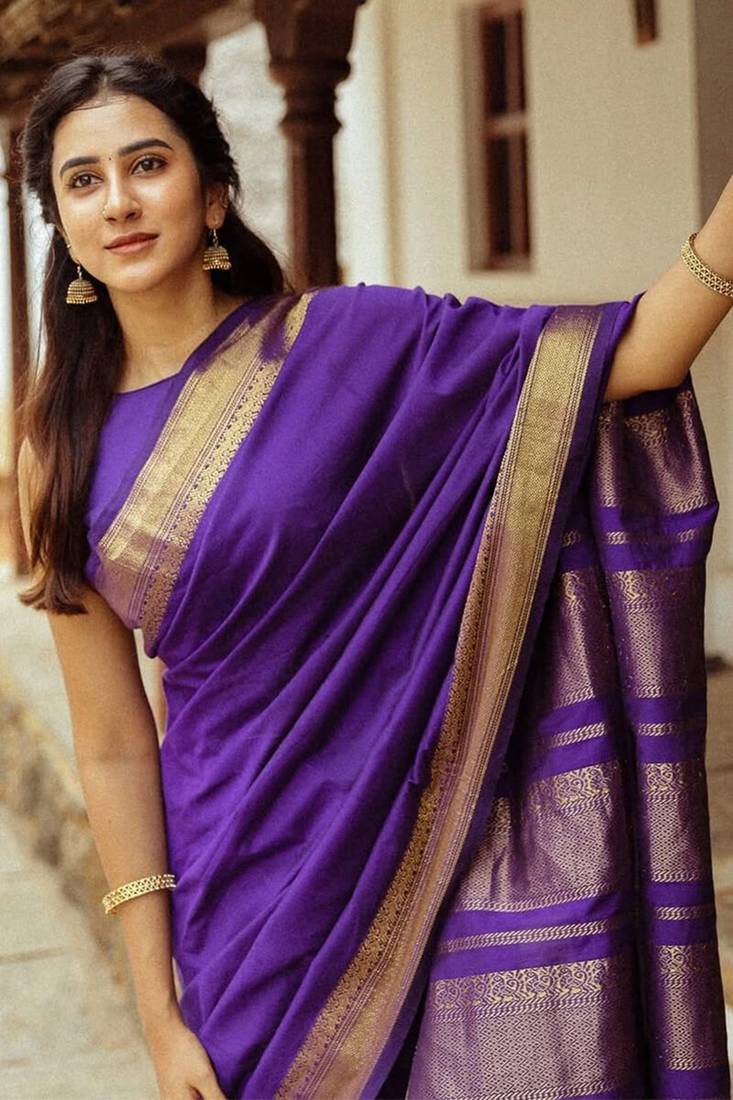 Purple soft silk blend banarasi jacuard work designer saree with blouse