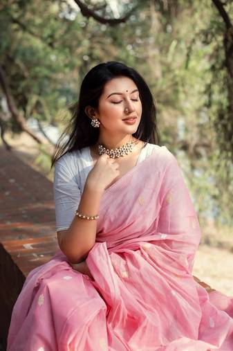 Baby pink soft linen slub jacuard work designer saree with blouse