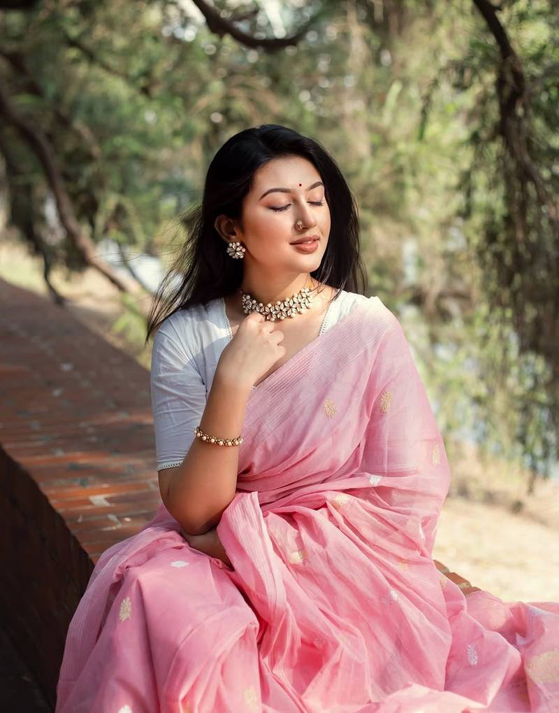 Baby pink soft linen slub jacuard work designer saree with blouse