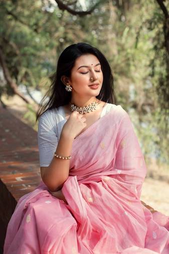 Baby pink soft linen slub jacuard work designer saree with blouse