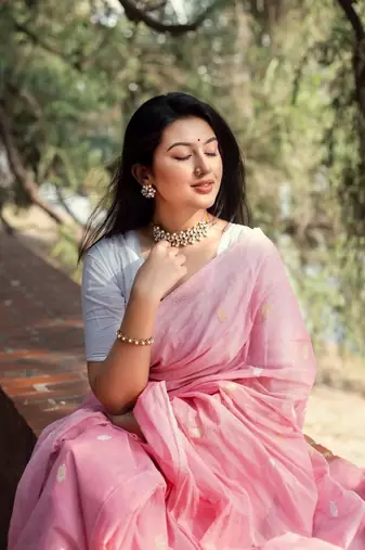 Baby pink soft linen slub jacuard work designer saree with blouse