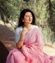 Baby pink linen slub jaquard designer saree with blouse