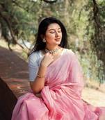 Baby pink soft linen slub jacuard work designer saree with blouse