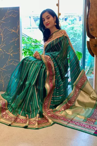 Green soft silk blend banarasi jacuard work designer saree with blouse