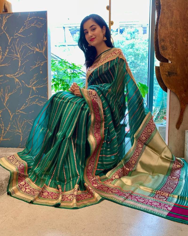 Green soft silk blend banarasi jacuard work designer saree with blouse