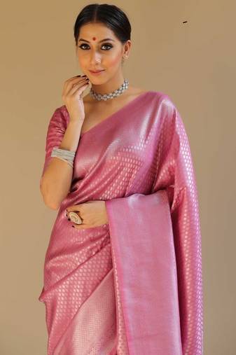 Pink soft silk blend banarasi jacuard work designer saree with blouse