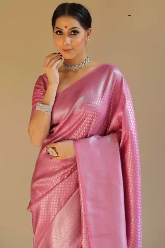 Pink soft silk blend banarasi jacuard work designer saree with blouse