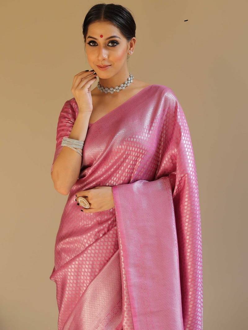 Pink soft silk blend banarasi jacuard work designer saree with blouse