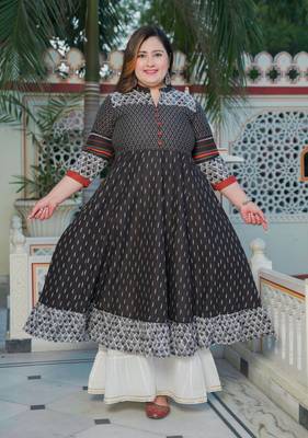 Yash gallery women's plus size cotton ikat printed anarkali kurti (black) 1