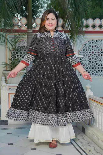 Yash gallery women's plus size cotton ikat printed anarkali kurti (black)