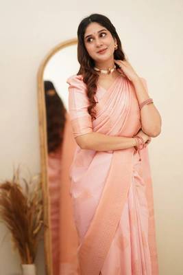Peach silk blend banarasi jaquard designer saree with blouse 1