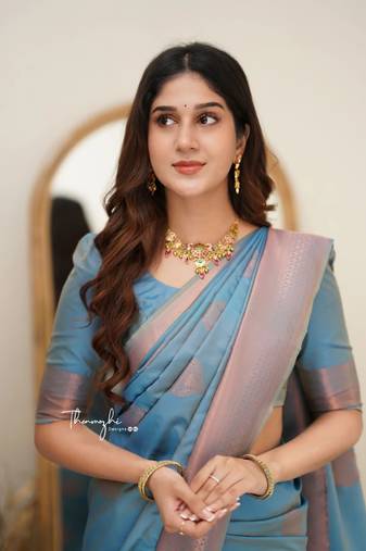 Sky blue soft silk blend banarasi jacuard work designer saree with blouse