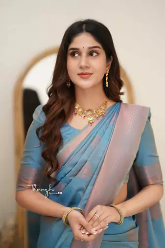 Sky blue soft silk blend banarasi jacuard work designer saree with blouse