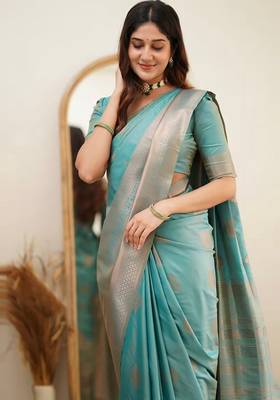 Turquoise silk blend banarasi jaquard designer saree with blouse 1