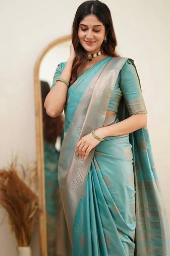 Turquoise soft silk blend banarasi jacuard work designer saree with blouse