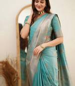 Turquoise soft silk blend banarasi jacuard work designer saree with blouse