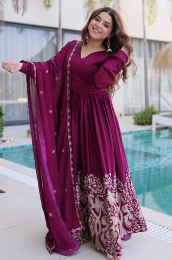 Wine women rangoli crush sequin embroidered gown with dupatta | flared party wear anarkali gown