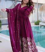 Wine women rangoli crush sequin embroidered gown with dupatta | flared party wear anarkali gown